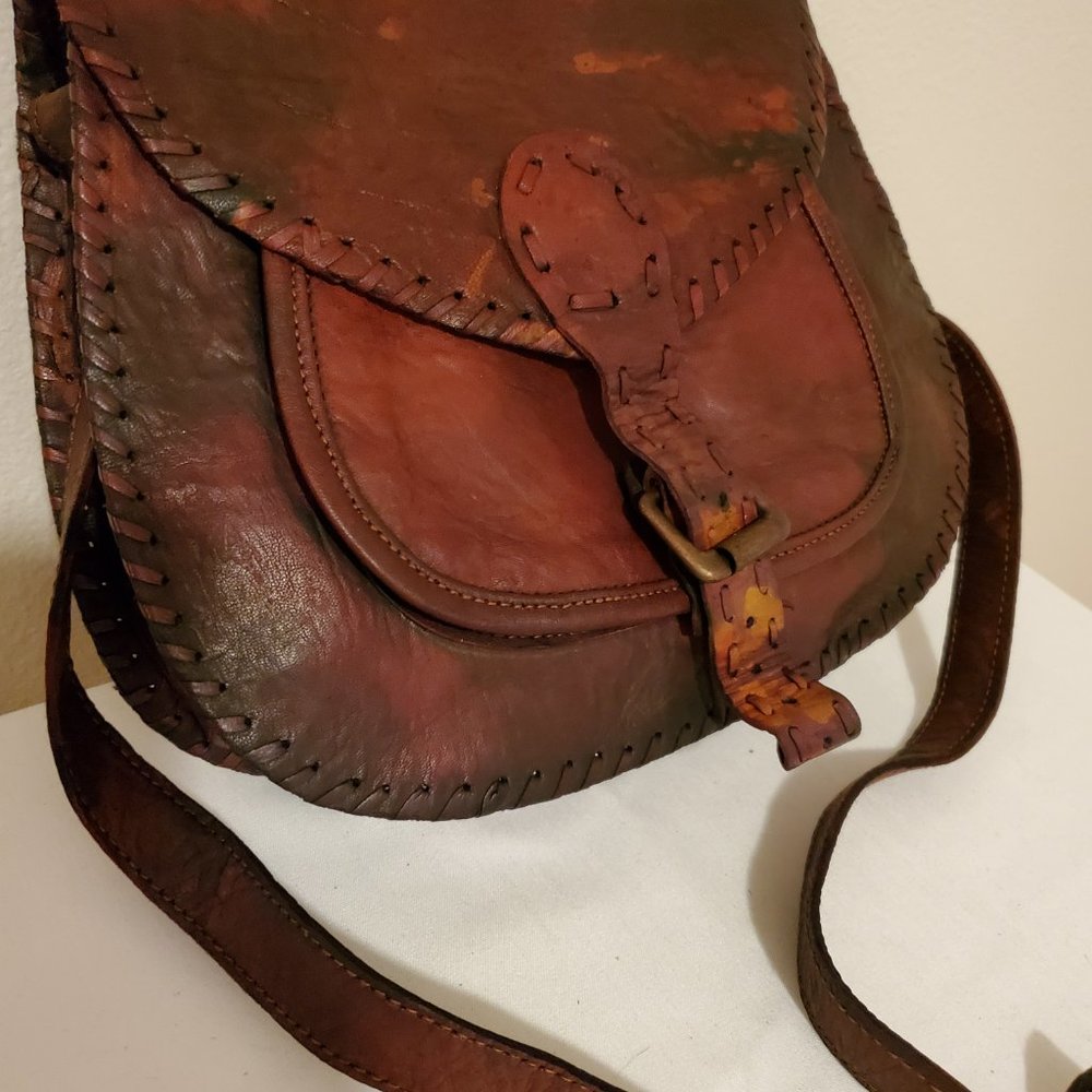 western boho cowgirl leather bag camo brown tan purple hippie tie dyed crossbody - Picture 4 of 4